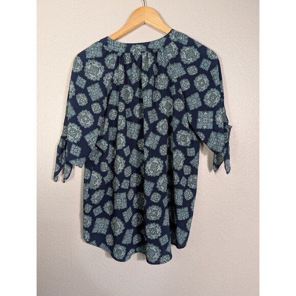 Michael Kors Top Womens Navy Printed Short Sleeve V Neck Blouse Size S 100 - Picture 2 of 7